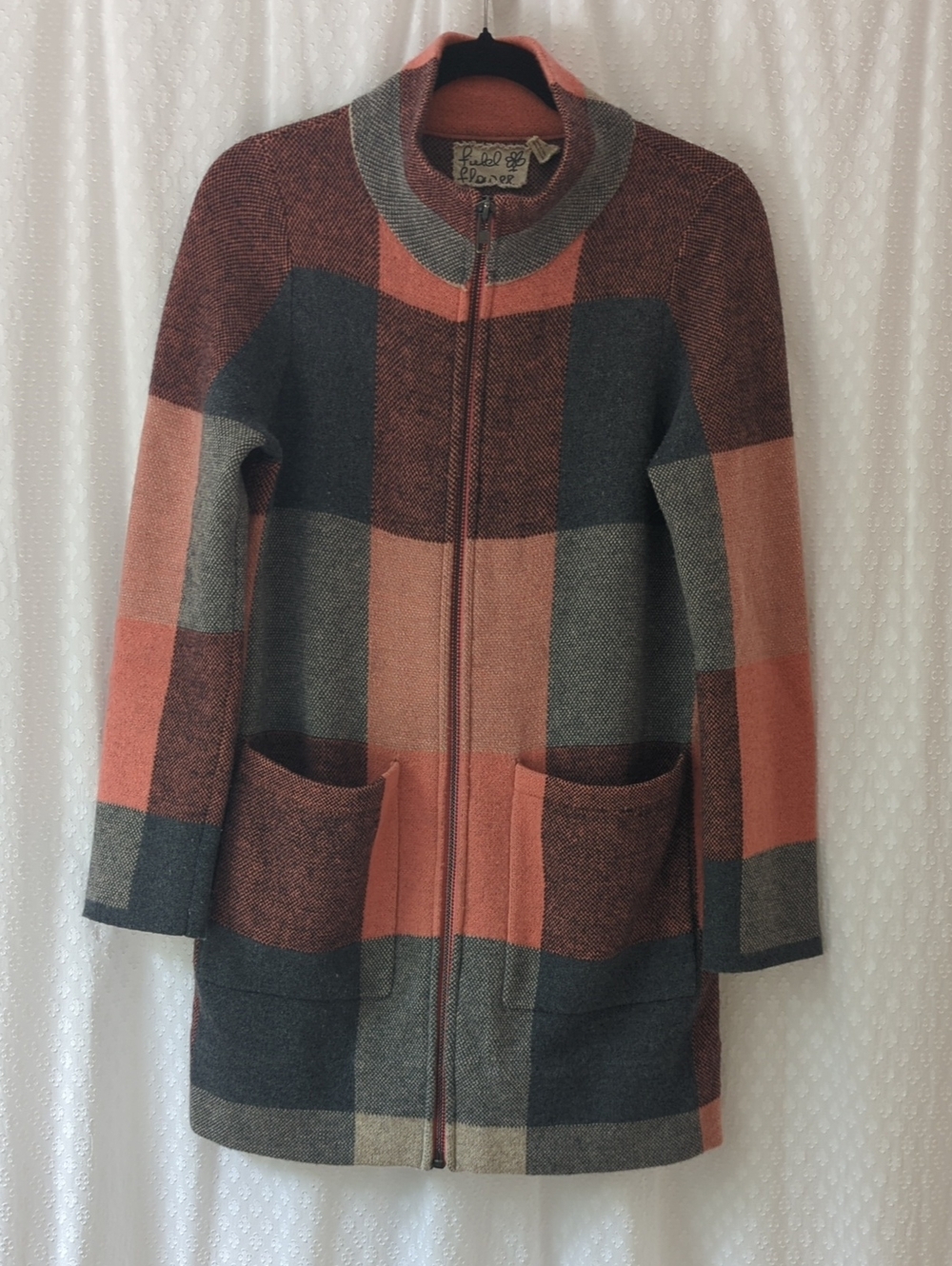 Field Flower Navy & Pink Plaid Wool Coat Full Zip Women's Small
